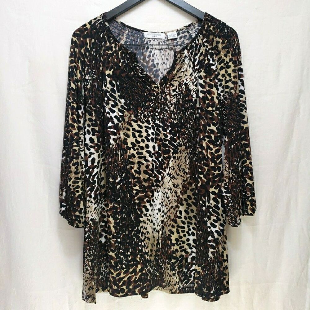Liz Claiborne Women Brown Black Animal Print Pullover 3/4 Sleeve 1X